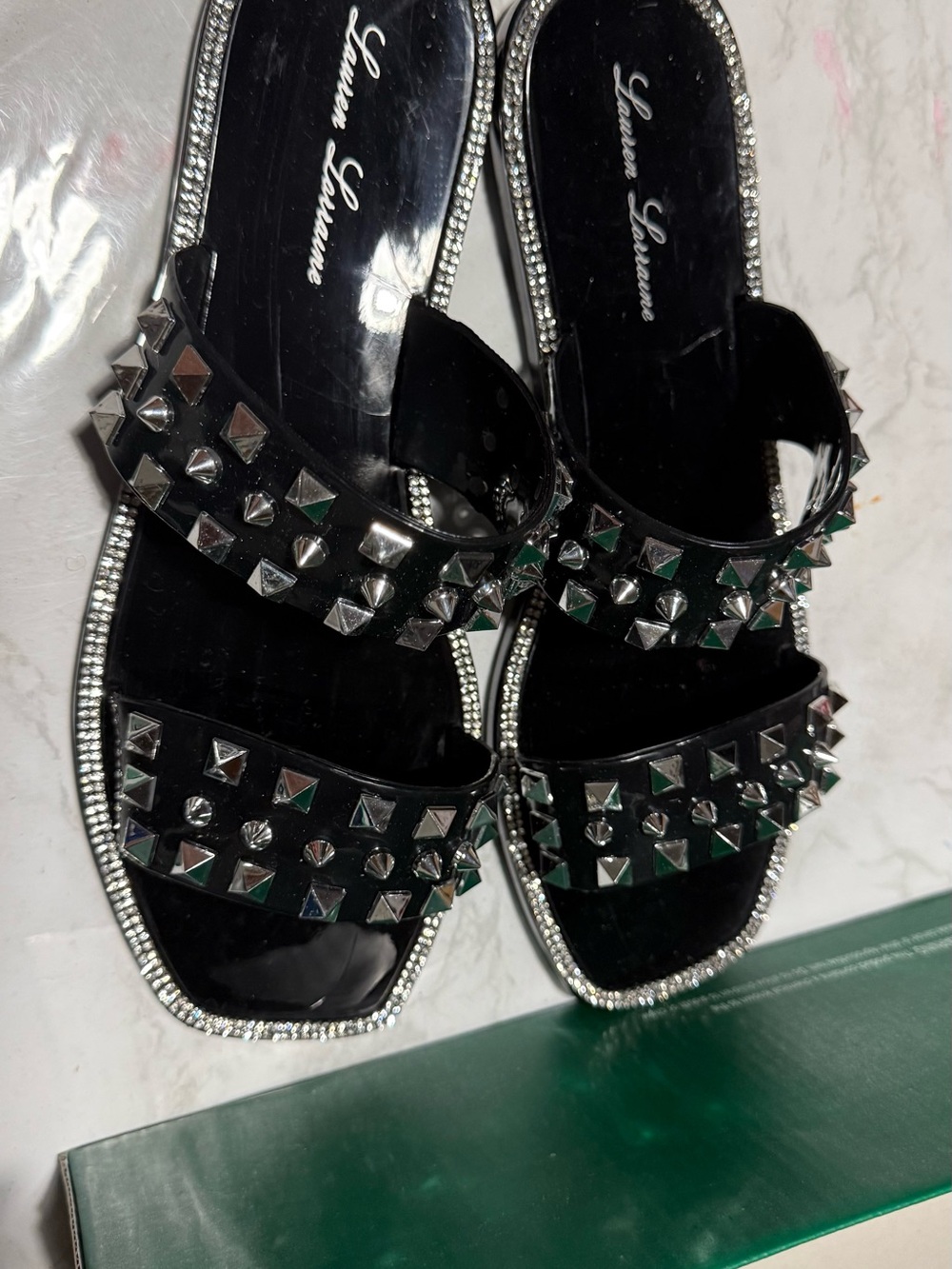 Lauren Lorraine Black Studded Slide Sandals with Crystal Trim